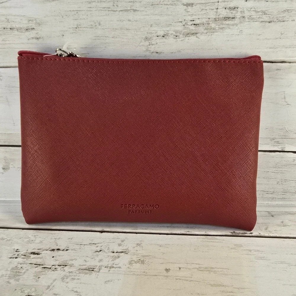 NEW Salvatore Ferragamo Parfums Red Saffiano Zip Cosmetic Makeup Bag Travel